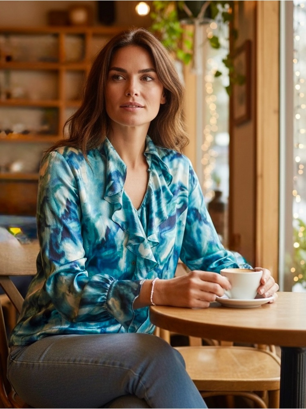 Jones New York Teal & White Ruffle V-Neck Blouse